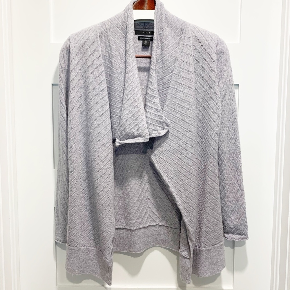 Tahari Large L Gray Merino Wool Waterfall Cardigan